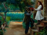 a painting of a man and a woman on the steps of a house