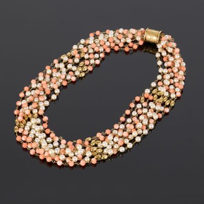 Important collier 7 rangs de perles de corail, perles Akoya …