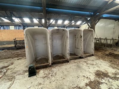 Plusieurs urinoirs sont alignés dans une grange dont le sol est recouvert de terre.
