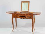an image of a wooden desk with a mirror on top of it