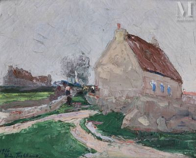 an oil painting of a house in a field with a dirt road