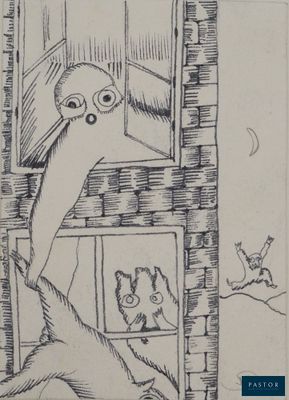 un dessin en noir et blanc représentant un oiseau regardant par la fenêtre