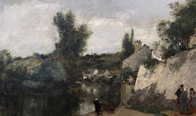 un tableau représentant des personnes marchant le long d'un sentier au bord d'une rivière