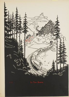 a black and white drawing of a train traveling through a forest
