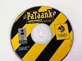 the cd is sitting on a white surface with a yellow and black stripe