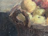 a painting of apples and pears in a basket