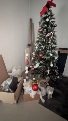 un petit sapin de Noël dans une boîte, à côté d'un sapin de Noël