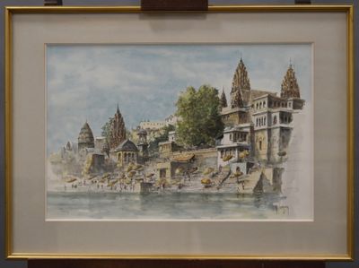 une image d'une peinture d'une ville au bord de l'eau