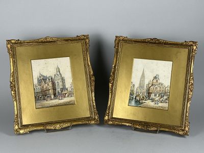 deux tableaux encadrés représentant une scène urbaine avec une église et d'autres bâtiments