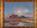 l'image d'un tableau représentant un paysage avec une maison au loin