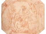 un dessin représentant une femme et un enfant dans un décor boisé