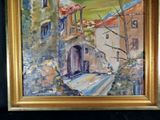 a painting of a street with a building in the background