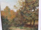 une peinture à l'huile représentant une rivière dans une zone boisée avec des arbres
