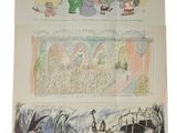 two drawings of people and animals on a stage and a man on a horse