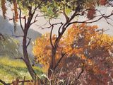 an image of a painting of a landscape with trees in the foreground