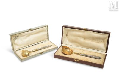 pair of gold plated spoons in a case on a white background