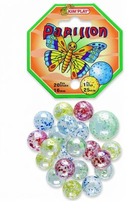 a bag of colorful plastic beads with a butterfly on top