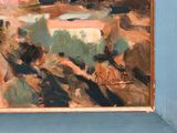 an oil painting of a landscape with a river in the distance