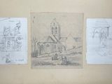 three sketches of a church and a church steeple on a wall