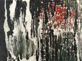 peinture représentant un tableau en noir et blanc, réalisée à la peinture rouge et verte