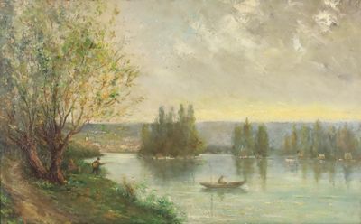 a painting of a boat on a river with trees in the background