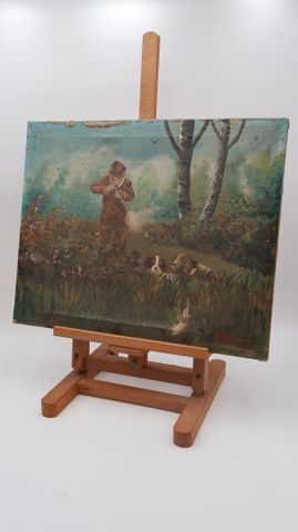 CLAVAIZOL « scène de chasse » huile sur toile signée en bas à dro...