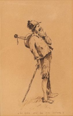 an old drawing of a man with a cane and a hat