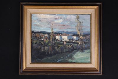 painting of a view of a town in the distance with trees in the foreground and a river in the foreground