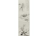 two chinese scroll paintings of trees and flowers on a white background