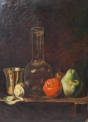 tableau représentant une nature morte composée de fruits et d'un verre posés sur une table