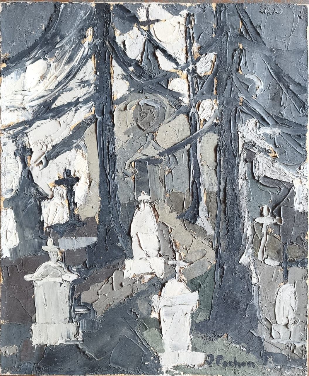 J. POCHON (XXéme siècle) Le cimetière. Huile sur toile signée en bas à droite. Haut. : 46 cm. Larg. : 38 cm.