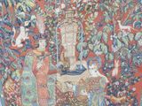 a picture of a tapestry with a woman and a cat on it