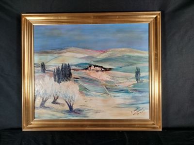 une peinture à l'huile représentant un paysage avec des arbres et des collines, dans un cadre doré