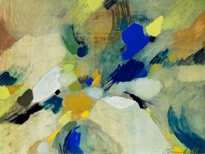 peinture abstraite représentant des fleurs bleues, jaunes et blanches dans un vase