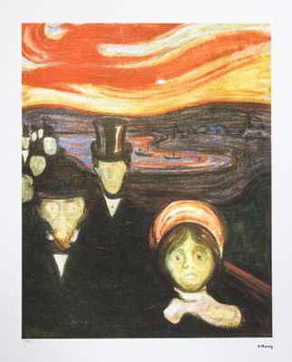 une image représentant un tableau où l'on voit un groupe de personnes debout devant un coucher de soleil