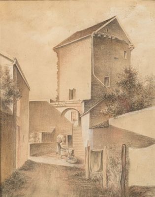dessin représentant un vieux bâtiment devant lequel se tient un homme