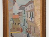 a painting of a man walking down the street