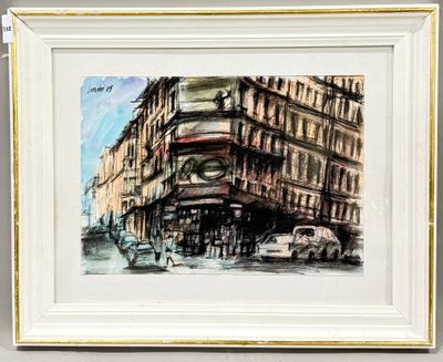 une photo d'un tableau représentant un bâtiment dans la rue