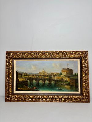 an oil painting of a bridge over a river with buildings in the background