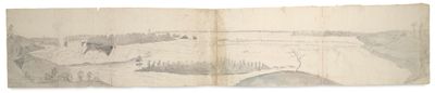 an old book with a drawing of a river in the background