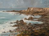 a painting of a view of the ocean from a rocky shore
