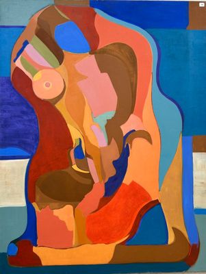 tableau représentant une femme tenant un enfant dans ses bras devant un fond bleu et marron