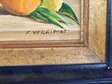 a painting of an orange and two lemons on a table