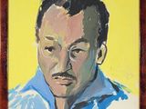 tableau représentant un homme en chemise bleue sur fond jaune