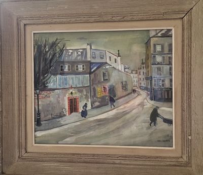 a painting of a street scene with people walking down the street