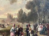 painting of a group of people gathered in a field with trees