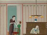 un tableau représentant une femme et deux enfants dans une salle à manger