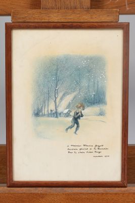 painting of a boy running in the snow with a snowboard