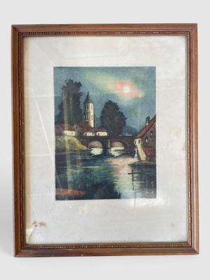 painting of a bridge over a body of water with a building in the background