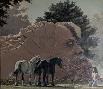 un tableau représentant deux chevaux et un homme devant une montagne